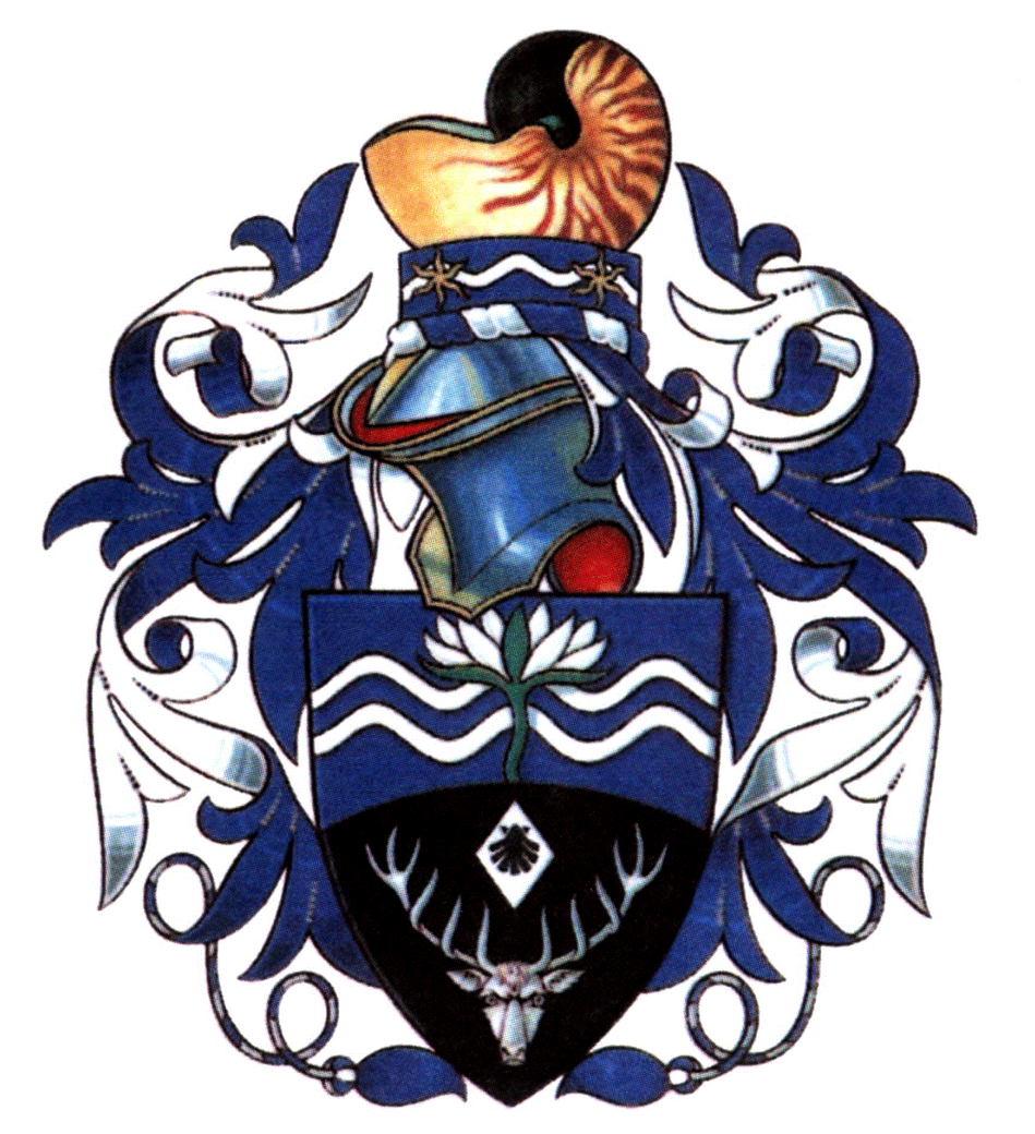 Lucy Cavendish College coat of arms: Per fess enarched azure and sable, in chief two bars wavy argent, over all issuant from the fess line a water lily also argent slipped and leaved vert, and in base a buck's head caboshed, between the attires a lozenge argent charged with an escallop sable